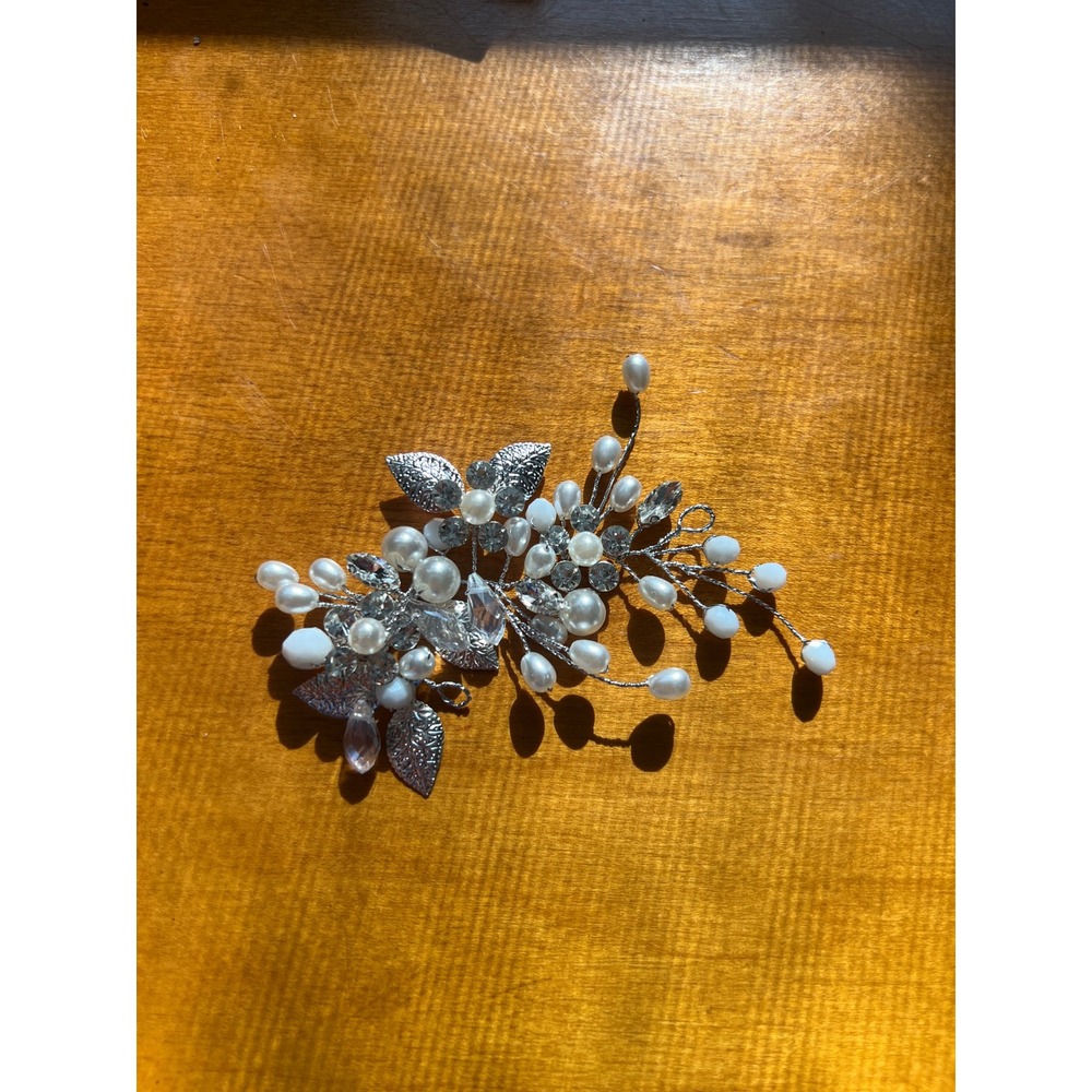 Wedding Floral Hair Piece Single Faux Pearl Sparkle Silver